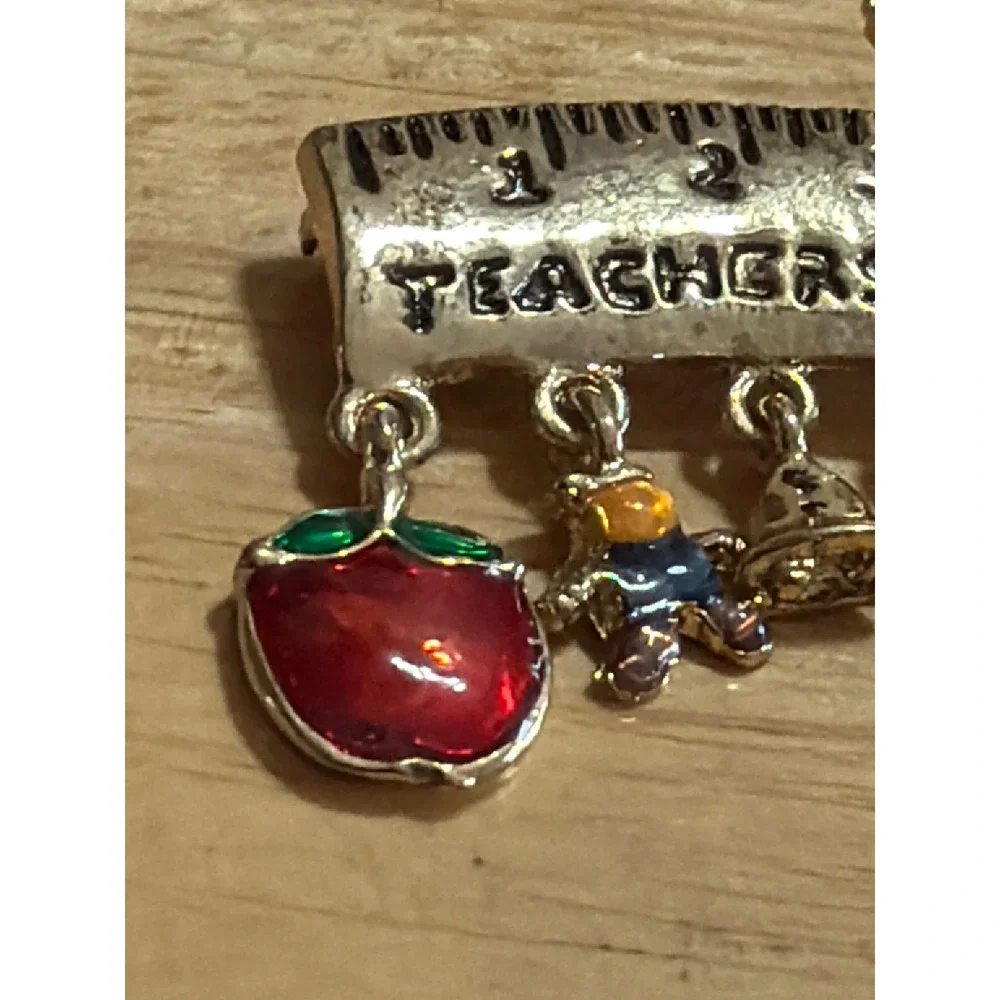VTG Gold Tone Teachers Rule Ruler Brooch with Enamel Apple and Student Charms